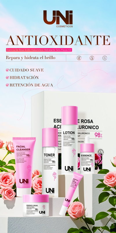 KIT RITUAL FACIAL DE ROSA ACIDO HIALURONICO DE 6 PIEZAS