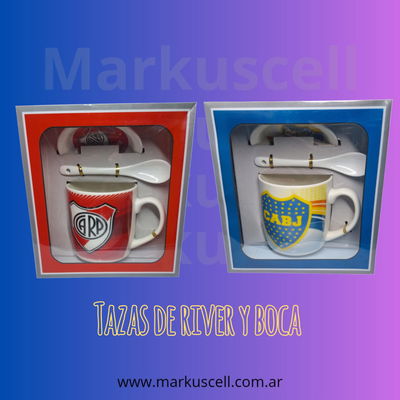 Tazas de RIVER y BOCA con plato y cuchara todo cerámica 