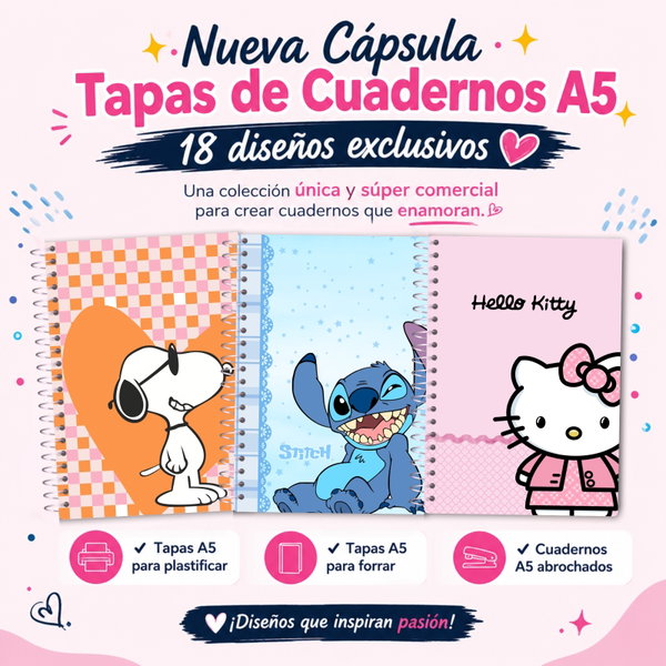 CAPSULA 18 TAPAS A5 (SNOOPY - HELLO KITTY - STITCH)