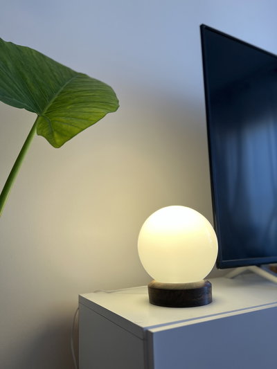 Lámpara Esfera de Vidrio con base de Madera