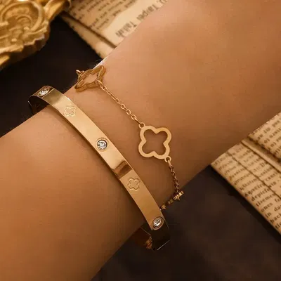 Conjunto 2 Pulseras – Baño de Oro 18K con Zircones + Trébol