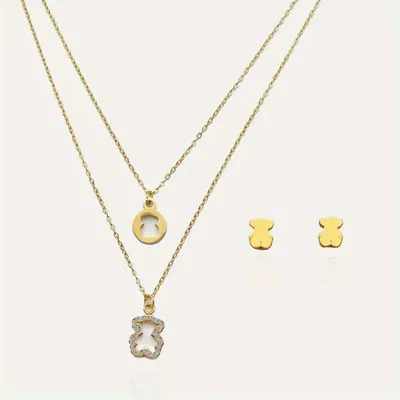 Juego Minimalista de Collar y Aros Oso Hueco con Zircones – Cadena Doble, Baño de Oro 18K