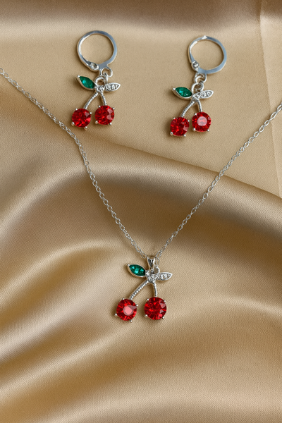 Conjunto Plata 925 Cerezas con Cristales Circon y Micropavé