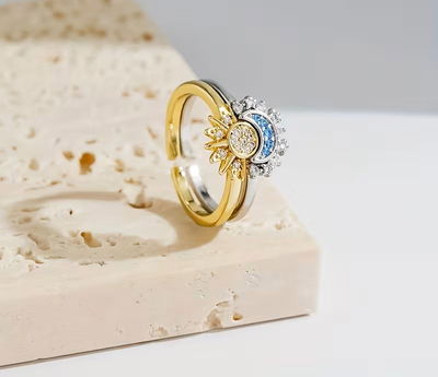 Anillo Sol & Luna en Plata 925 con Baño Oro – Diseño Regulable