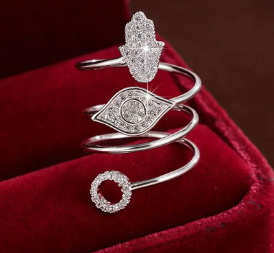Anillo Plata 925 con Baño de Rodio – Ojo Turco & Mano Fátima