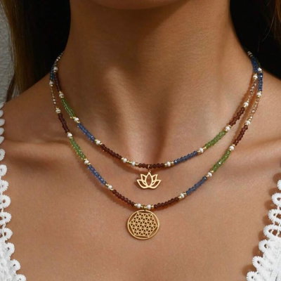 COLLAR DOBLE FLOR DE LOTO Y FLOR DE LA VIDA BAÑADO ORO