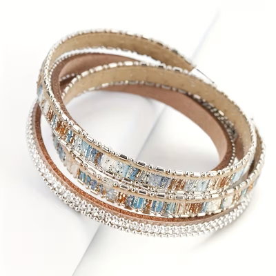 Pulsera Boho Doble de Cuero con Piedras y Zircones – con Cierre Magnético
