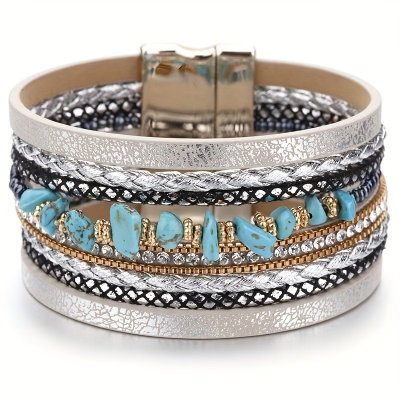 Pulsera Boho Unisex de Cuero Ancho con Turquesa, Rhinestones y Estampado Leopardo