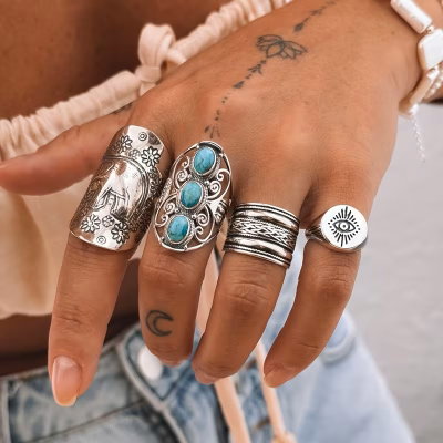 Anillos Étnicos Retro con Incrustaciones de Turquesa