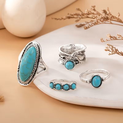 Anillos Grandes Vintage Bohemios con Piedra Turquesa 4