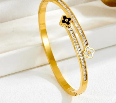 Pulsera Esclava Rígida Baño Oro – Estilo Van Cleef con Cristales, Ónix y Nácar