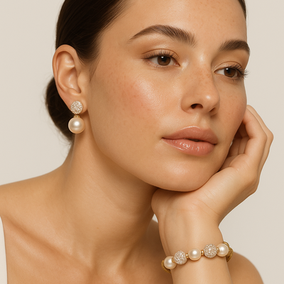 SET PULSERA & AROS – Perlas, micropavé y hilos de plata dorados