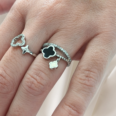 ANILLO DOBLE – Plata 925 Rodinada con Onix y Micropavé