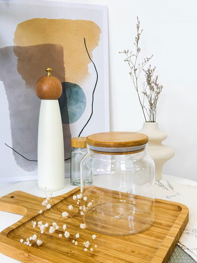 frasco circular  con tapa de bambu