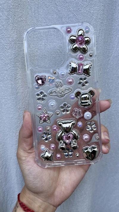Funda con charms - iPhone 14 Pro Max | Plateado y rosa
