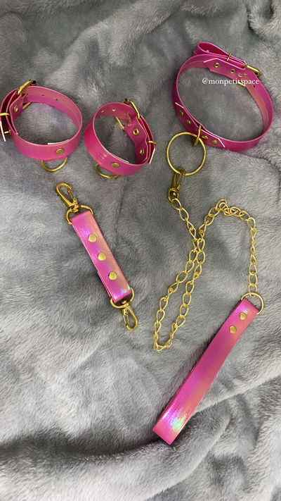 COMBO choker + esposas + correa PINK GOLD