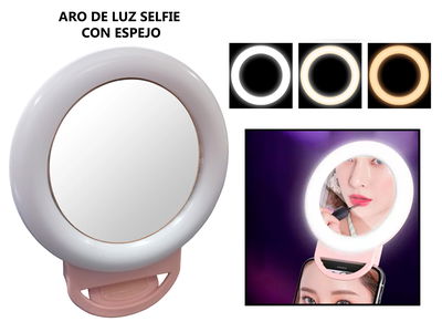 ARO DE LUZ SELFIE CON ESPEJO 12CM CON 3 TIPOS DE ILUMINACIÓN HR-20