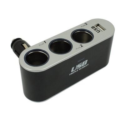 Triple Adaptador 3 Bocas + 1 Cargador Usb Auto Wf-0100
