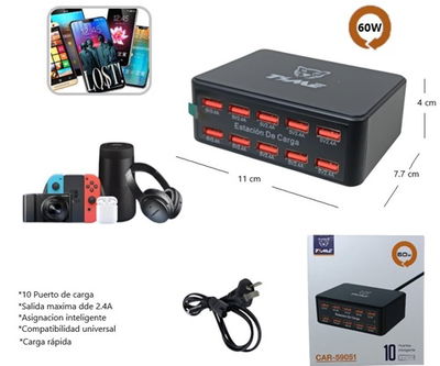 Estación Carga 10 Puertos Inteligentes Usb 60 W 2.4 W