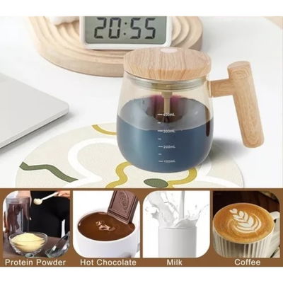 Taza Mezcladora De Vidrio 400Ml Recargable Diseño Estilo Madera