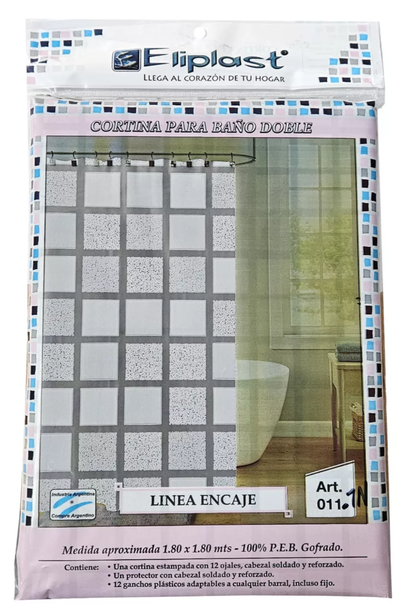 CORTINA PARA BAÑO + PROTECTOR + GANCHOS LINEA VENECITAS
