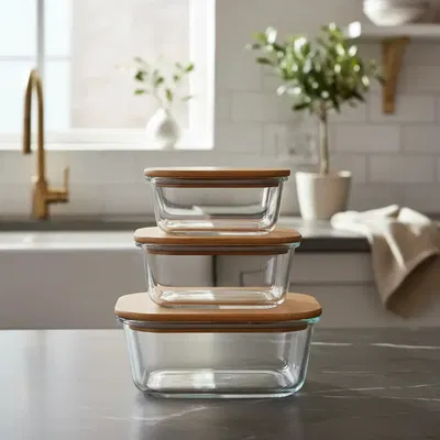 Set X3 Contenedores Herméticos Vidrio Tapa Bambú Cocina