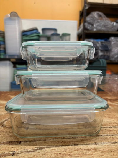 Set X3 Tapers Vidrio Rectangulares Herméticos Con Tapa Plastica