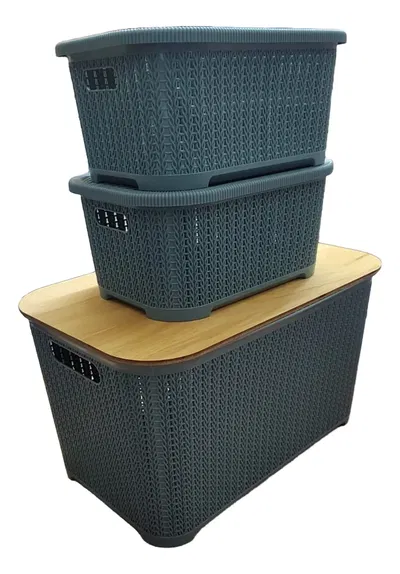 Juego Canasto Organizador Simil Rattan Con Tapa de Madera