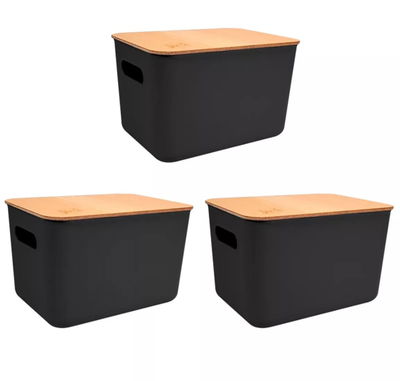 3 CAJAS / CANASTOS ORGANIZADORES PLASTICOS CCON TAPA DE MADERA 26x18x16