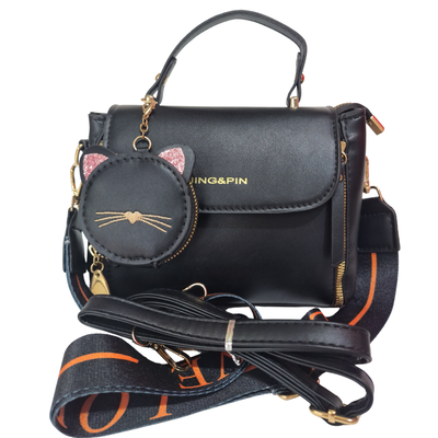 Cartera Gatito Con 2 Correas Negra