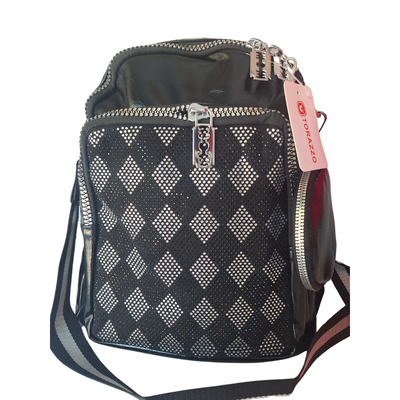 Mochila Bandolera Con Strass Rombo Negra
