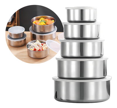 Set 5 Bowls De Acero Inoxidable Con Tapa Recipiente Metalico