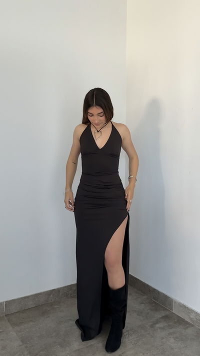 vestido largo escote en v con espalda p/atar