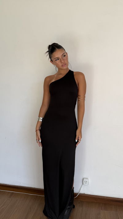 vestido largo un hombro con espalda desc y argolla