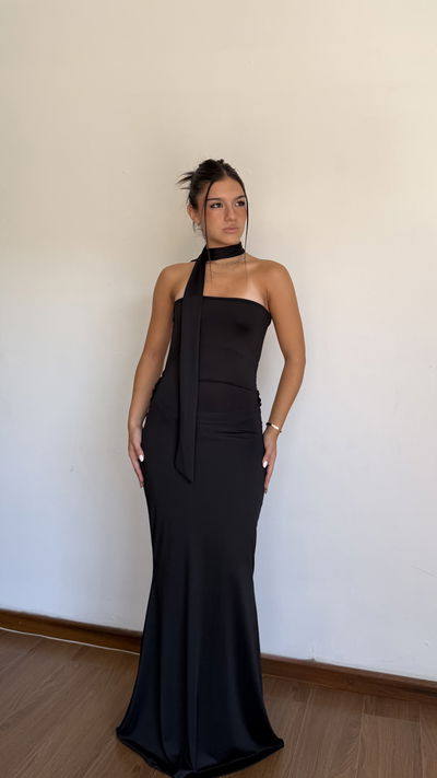 vestido largo strapless con lazo y espalda desc