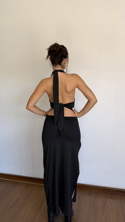 vestido largo escote en v al cuello y espalda p atar 