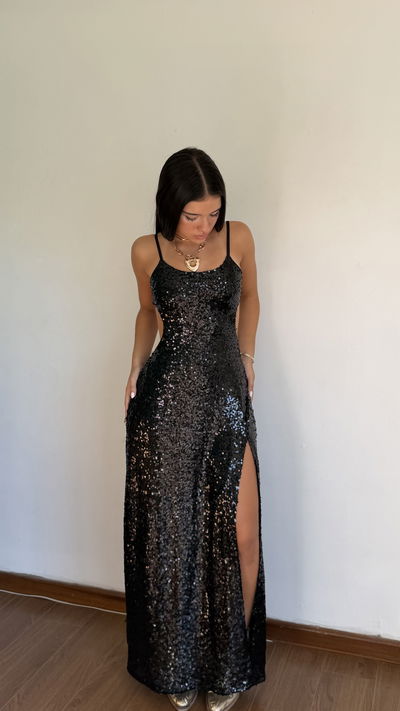 vestido largo escote redondo de lentejuelas 