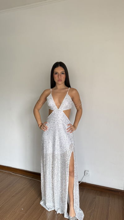 vestido largo escote en v con recortes de lentejuelas 