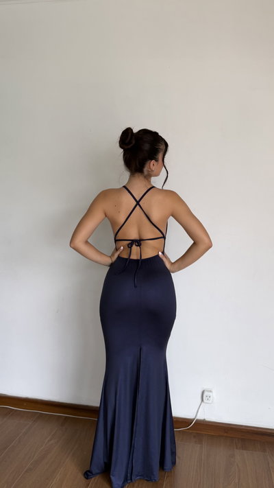 vestido largo escote en v tela brillante