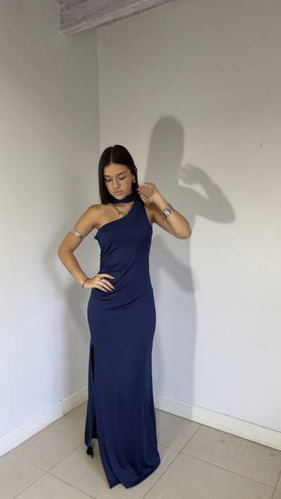 vestido largo un hombro con corbata y espalda desc