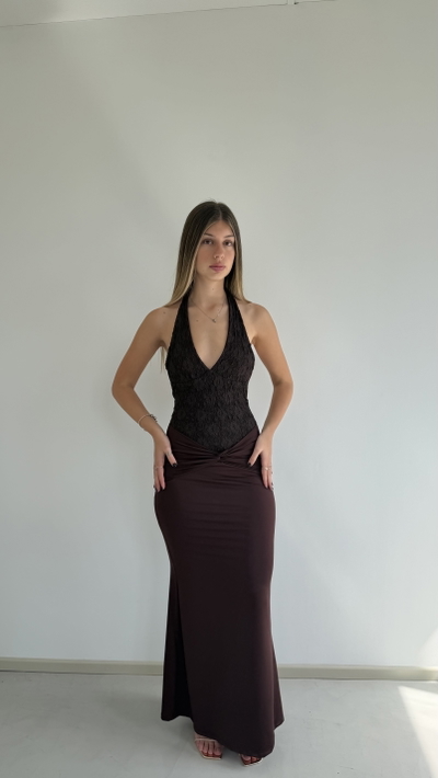 vestido largo escote en v con encaje