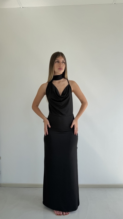 vestido largo buche, corbata y espalda desc 