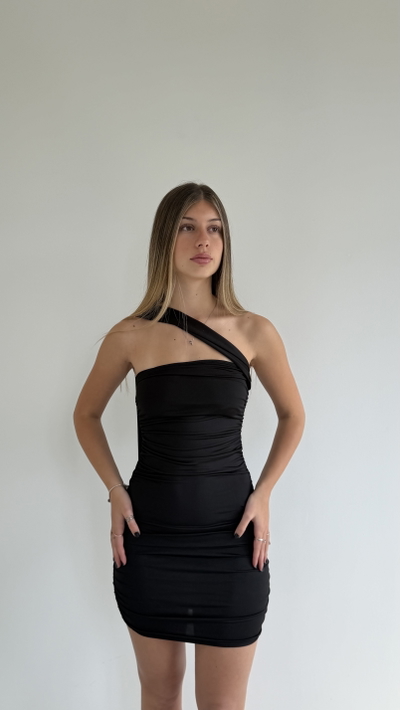 vestido corto strapless con tira cruzada