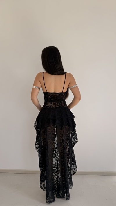 vestido largo escote en v con short incluido de encaje