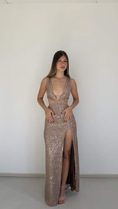 vestido largo escote en v con recorte de lentejuelas