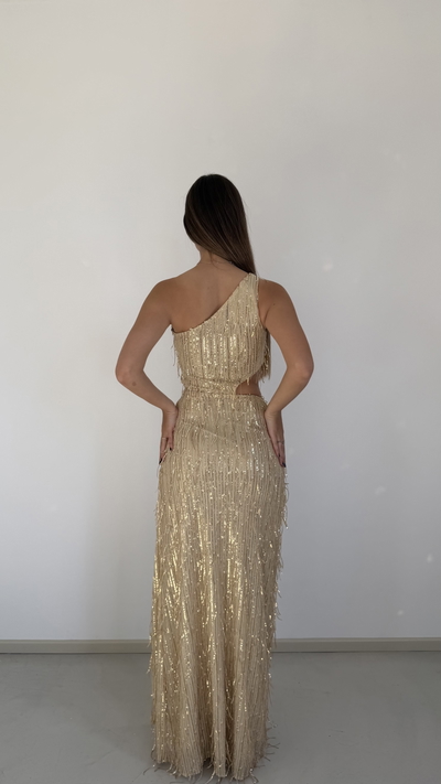 vestido largo un hombro con flecos de lentejuelas 