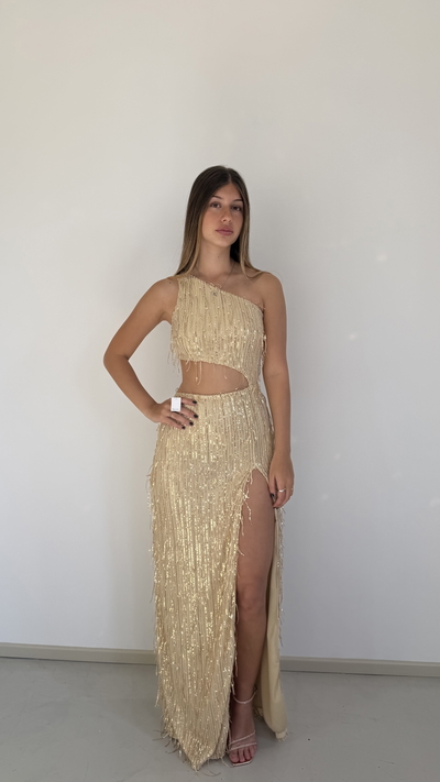 vestido largo un hombro con flecos de lentejuelas 