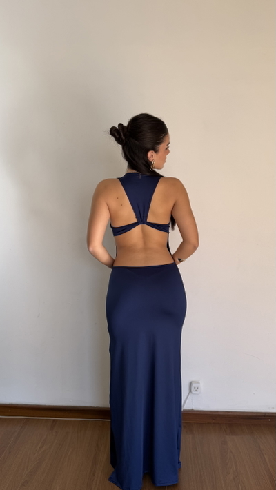 vestido largo escote en v con espalda cruzada 