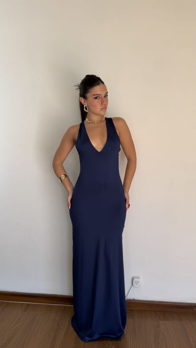 vestido largo escote en v con espalda cruzada 