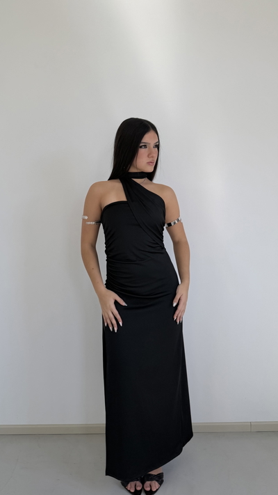 vestido largo strapless con tira cruzada 